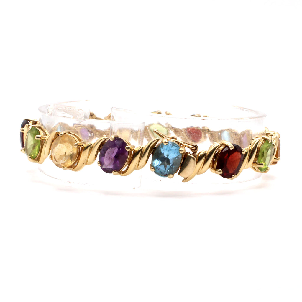 14k Yellow Gold Oval Shape Multi Gemstone Bracelet 6.75 Inches