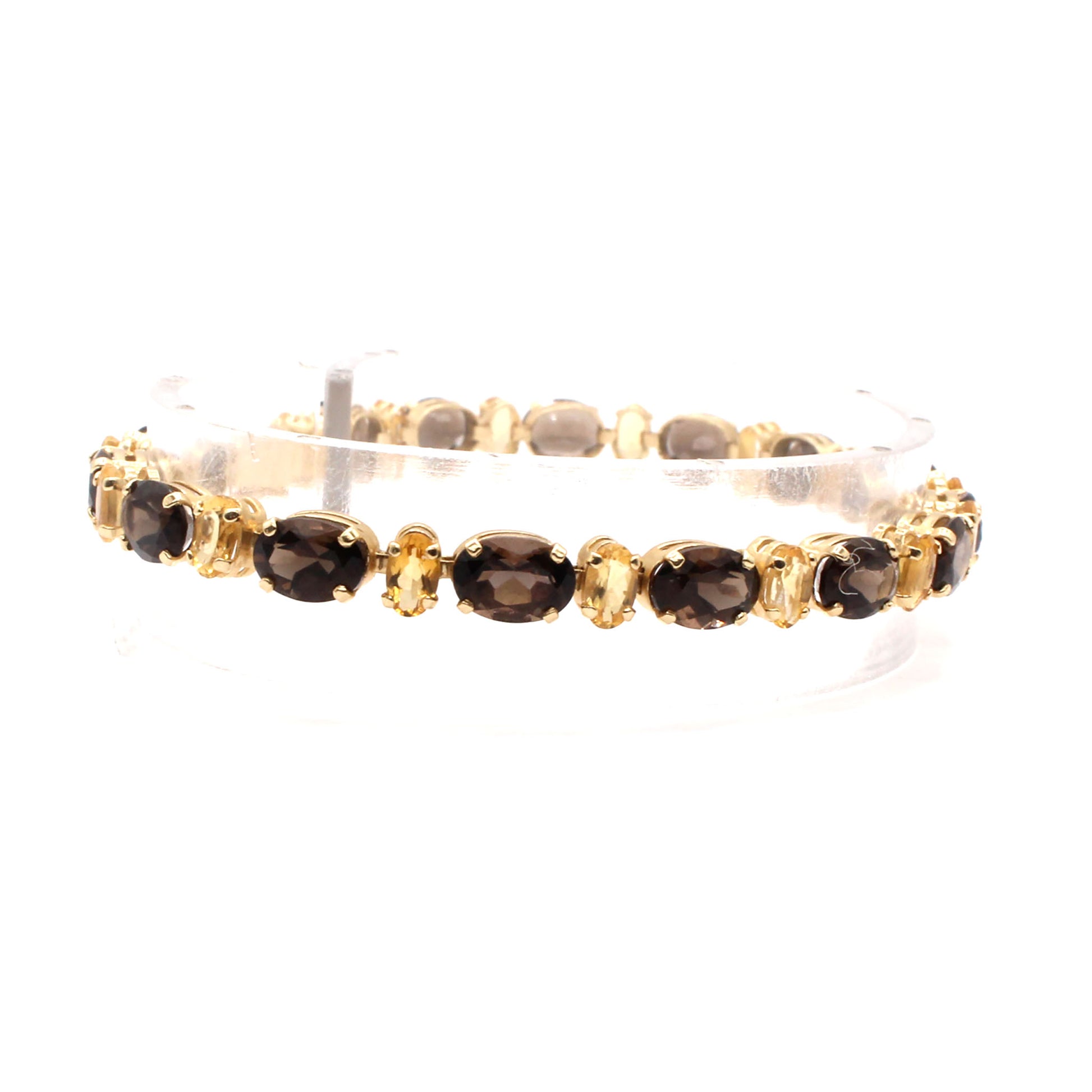 14k Yellow Gold Oval Smokey Topaz and Citrine Bracelet 7 Inches