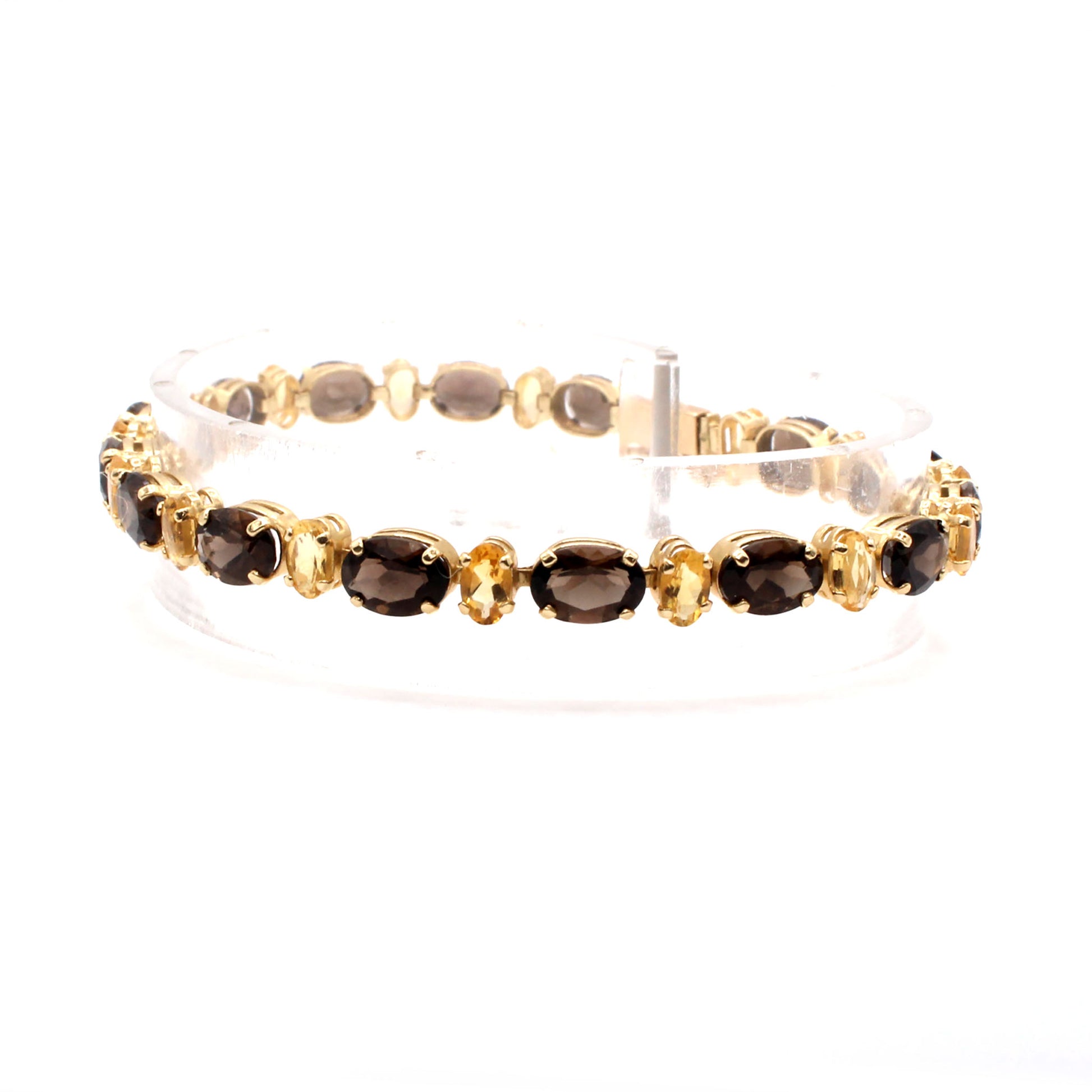 14k Yellow Gold Oval Smokey Topaz and Citrine Bracelet 7 Inches