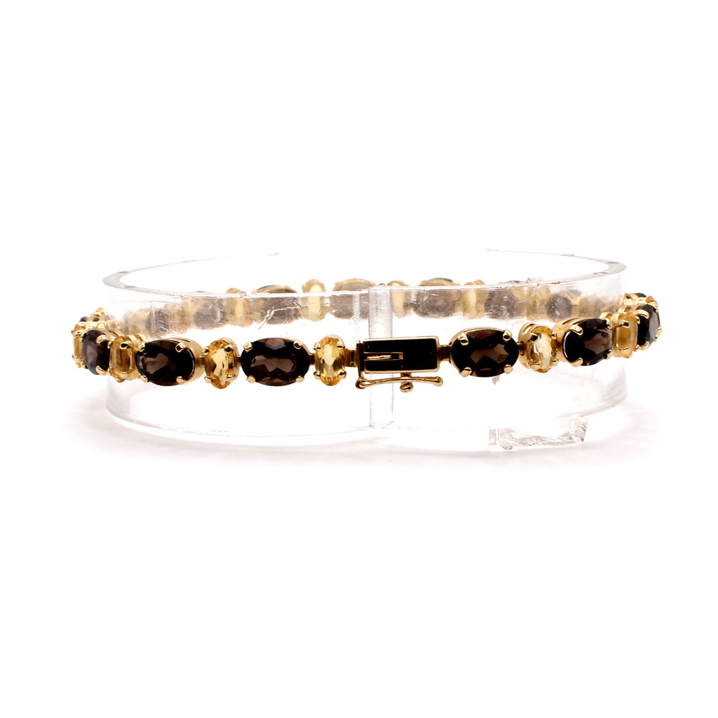 14k Yellow Gold Oval Smokey Topaz and Citrine Bracelet 7 Inches