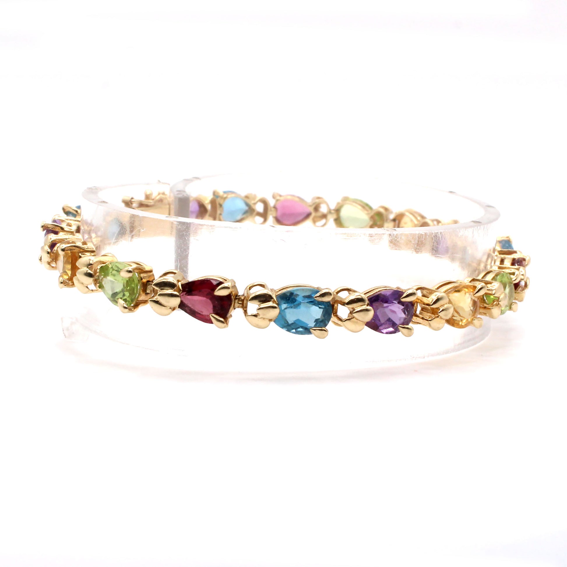 14k Yellow Gold Pear Shape Multi Gemstone Bracelet 6.75 Inches