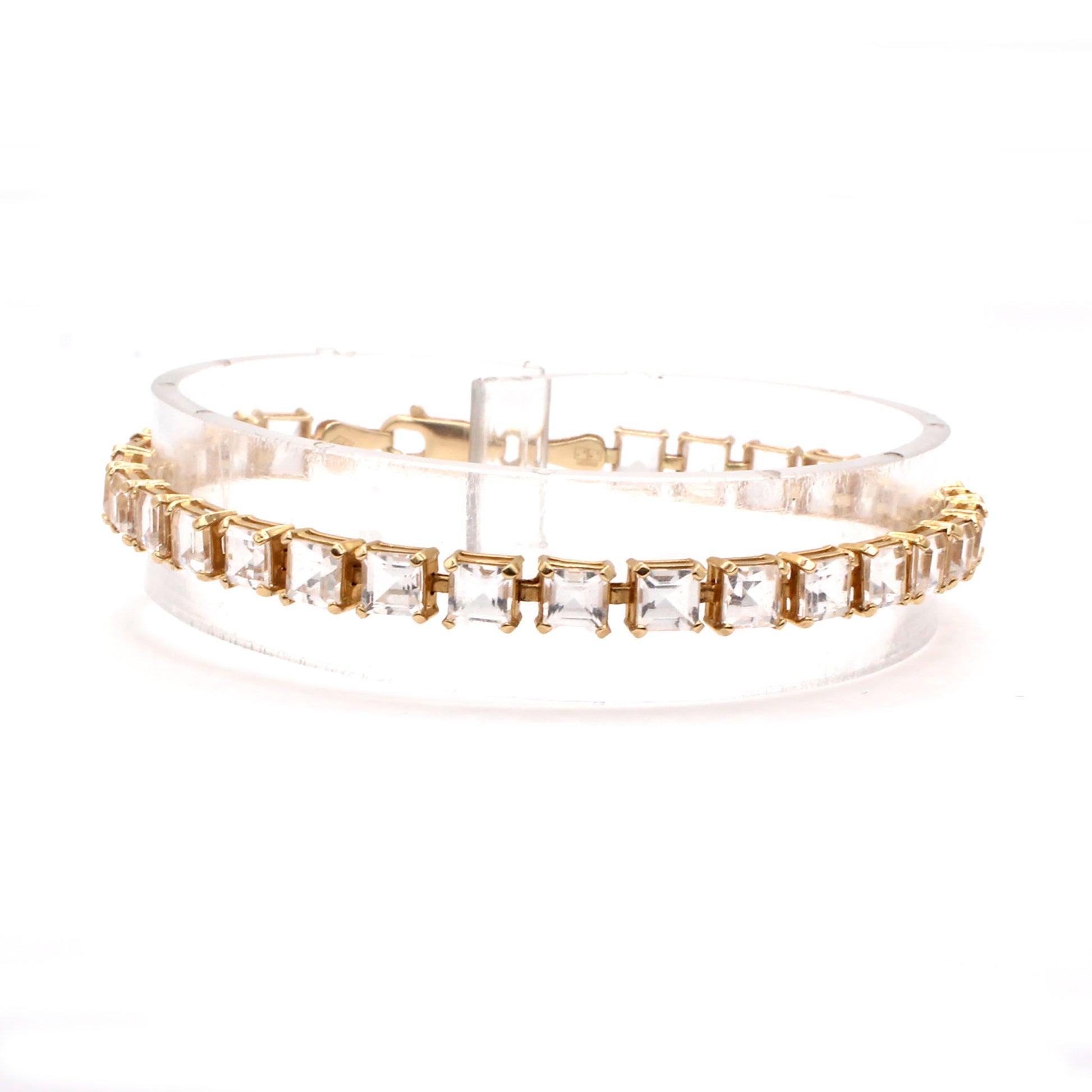 14k Yellow Gold Asher Cut White Topaz Tennis Bracelet 6.75 Inches