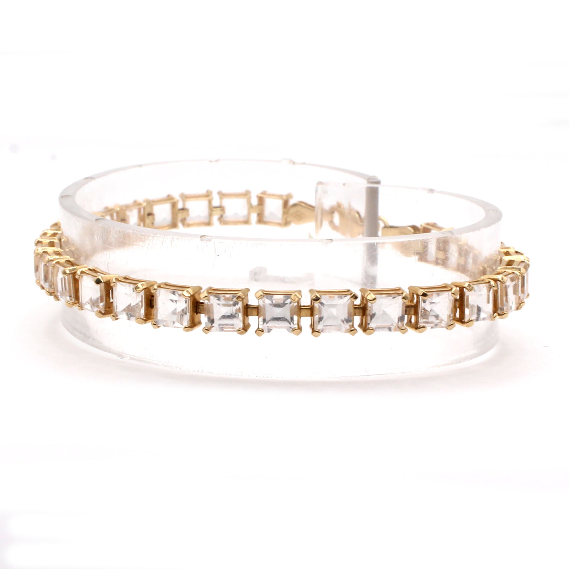 14k Yellow Gold Asher Cut White Topaz Tennis Bracelet 6.75 Inches