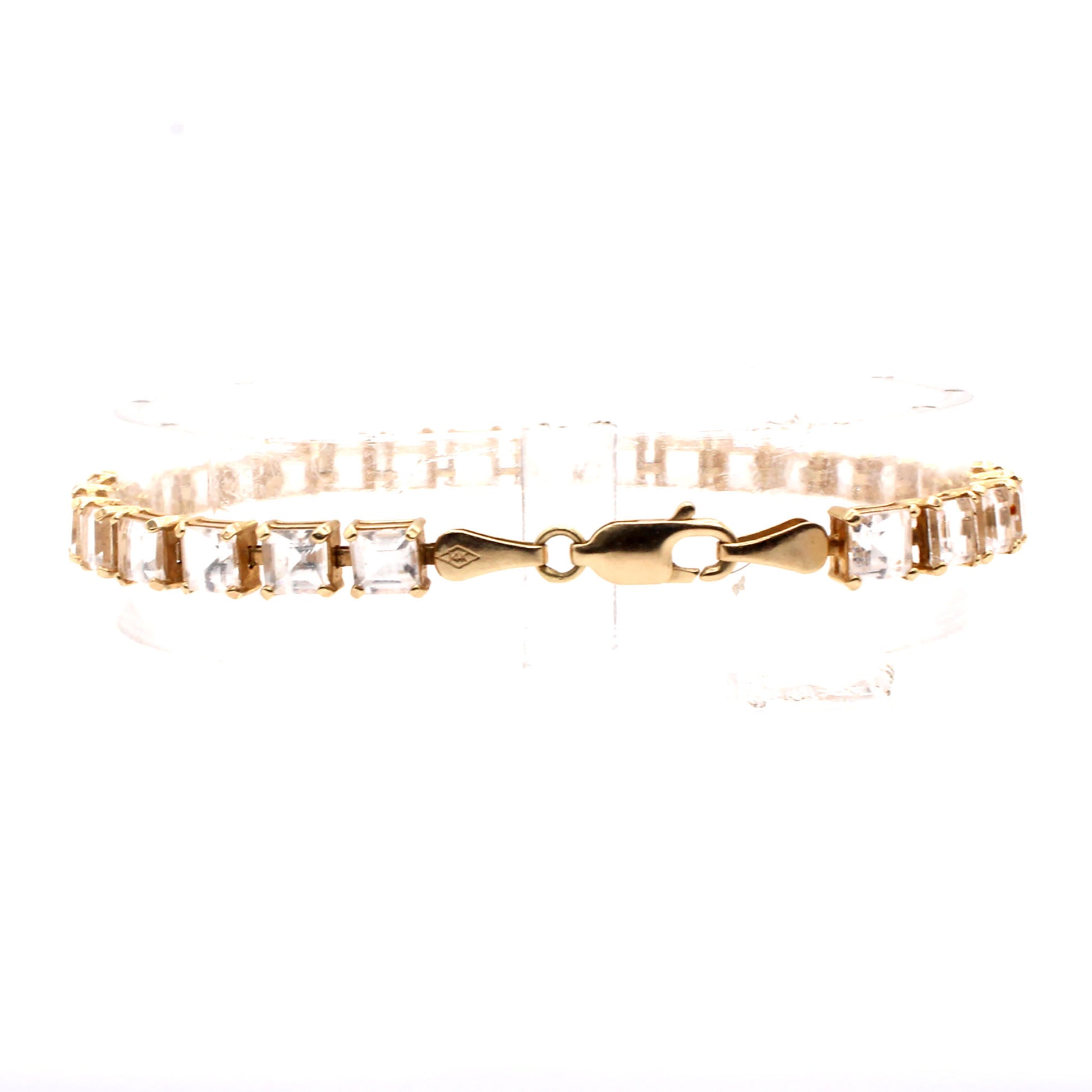 14k Yellow Gold Asher Cut White Topaz Tennis Bracelet 6.75 Inches