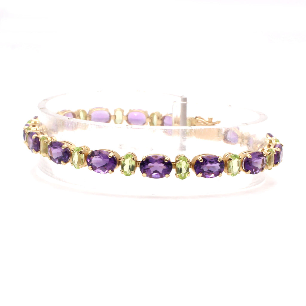 14k Yellow Gold Oval Amethyst and Peridot Tennis Bracelet 6.75 Inches