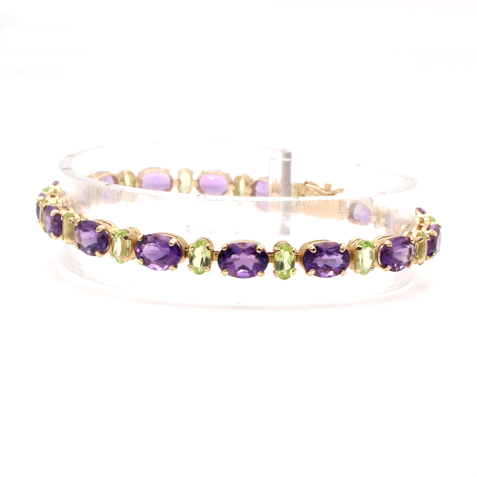 14k Yellow Gold Oval Amethyst and Peridot Tennis Bracelet 6.75 Inches