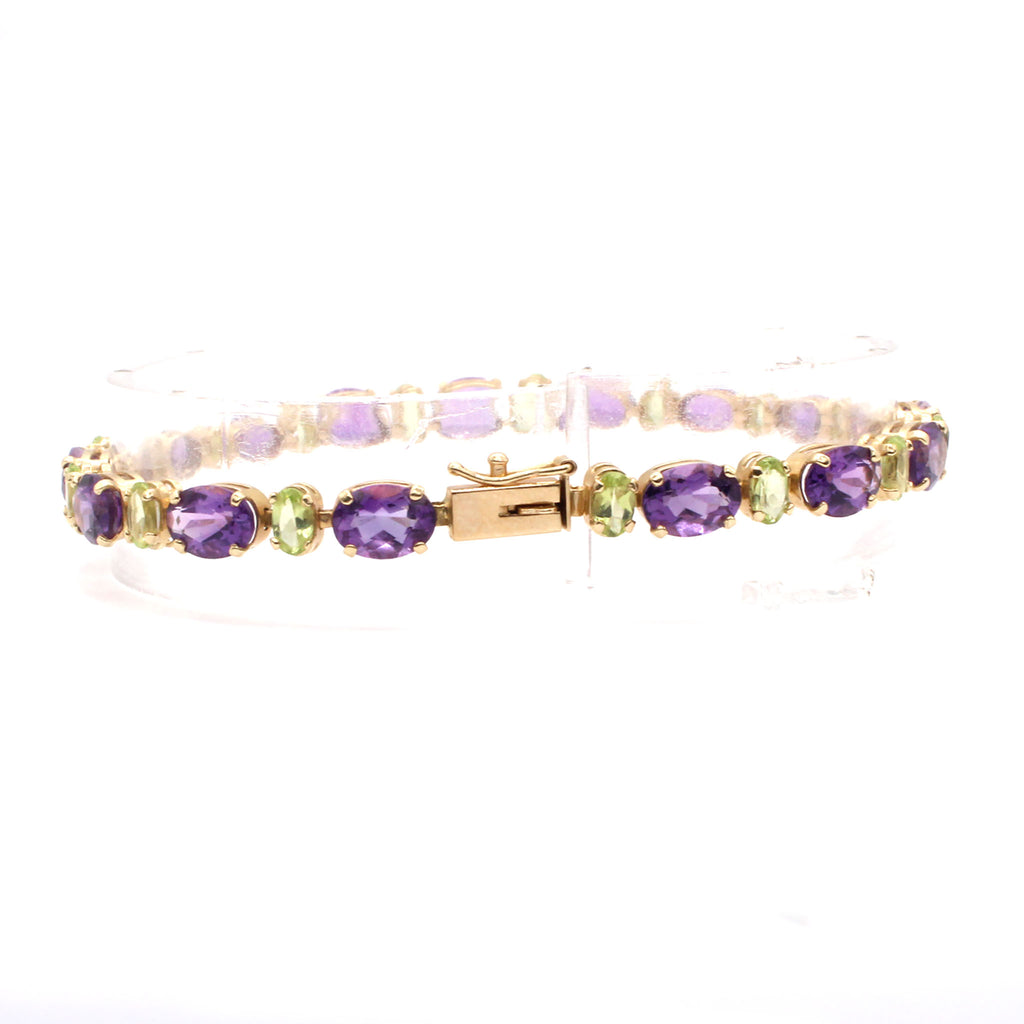 14k Yellow Gold Oval Amethyst and Peridot Tennis Bracelet 6.75 Inches