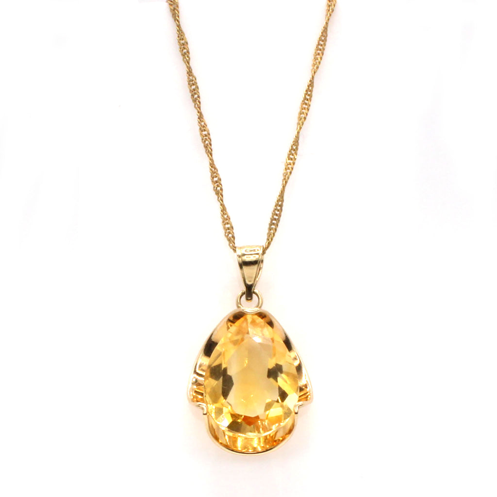14k Yellow Gold Pear Citrine Solitaire Necklace 18 Inches