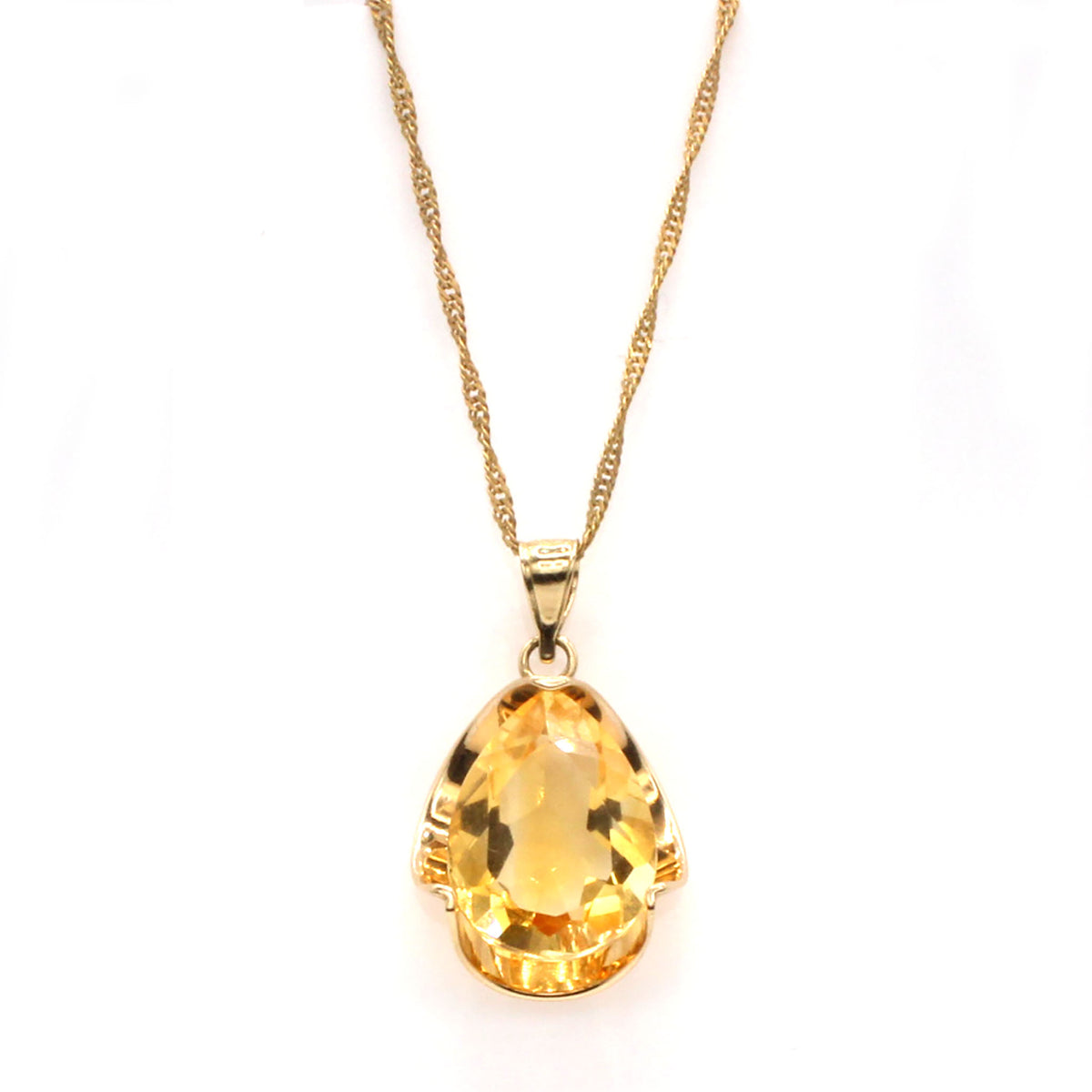 14k Yellow Gold Pear Citrine Solitaire Necklace 18 Inches