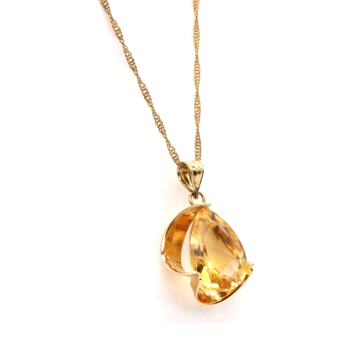 14k Yellow Gold Pear Citrine Solitaire Necklace 18 Inches