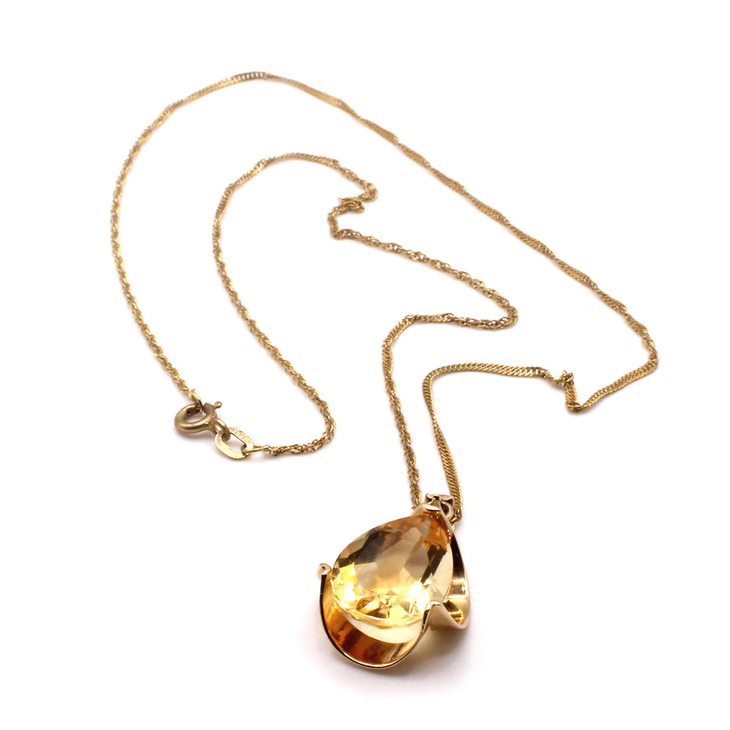 14k Yellow Gold Pear Citrine Solitaire Necklace 18 Inches