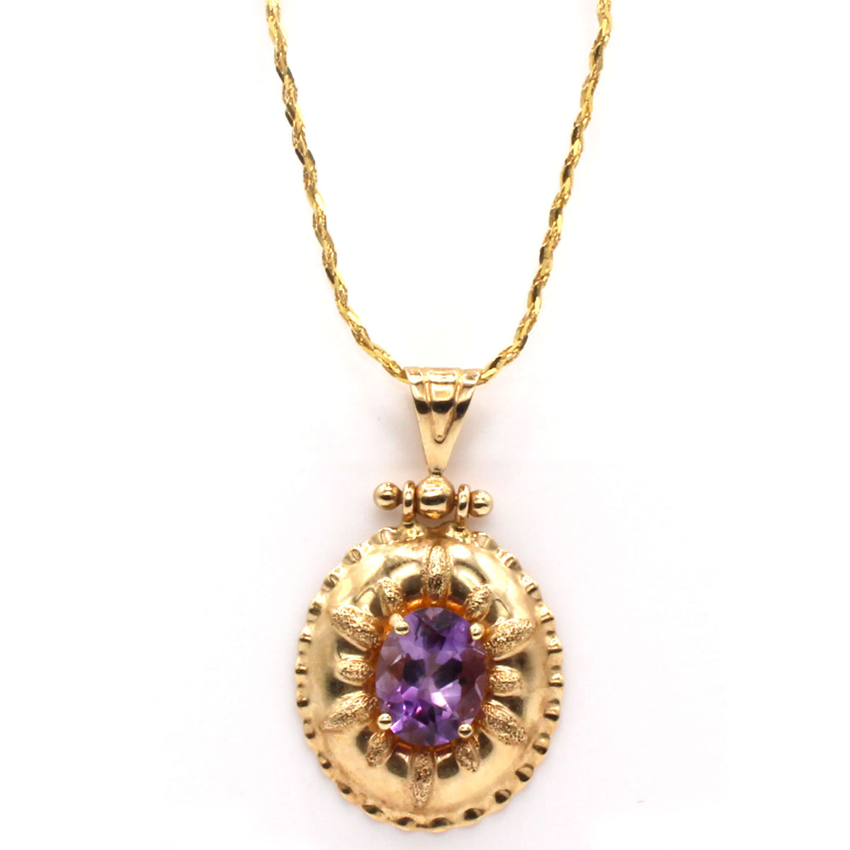 14k Yellow Gold Oval Amethyst Solitaire Necklace 30 Inches