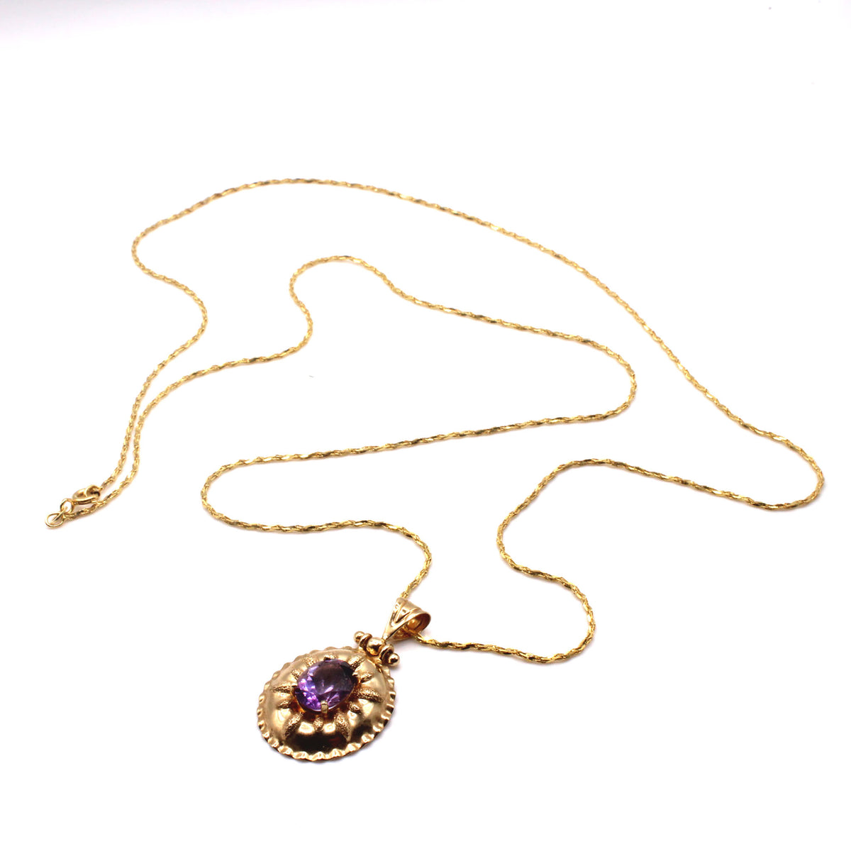 14k Yellow Gold Oval Amethyst Solitaire Necklace 30 Inches