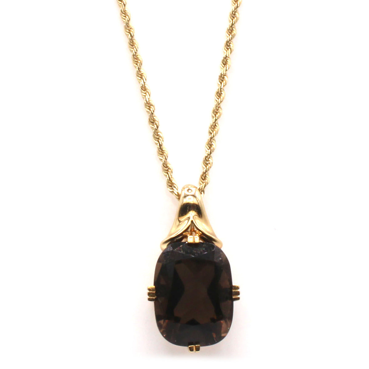 14k Yellow Gold Cushion Cut Smokey Topaz Solitaire Necklace 18 Inches