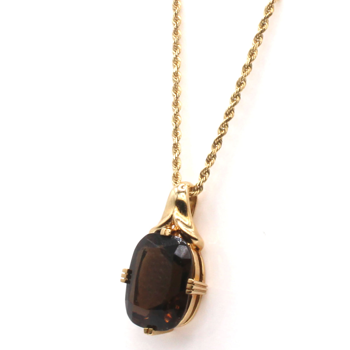 14k Yellow Gold Cushion Cut Smokey Topaz Solitaire Necklace 18 Inches