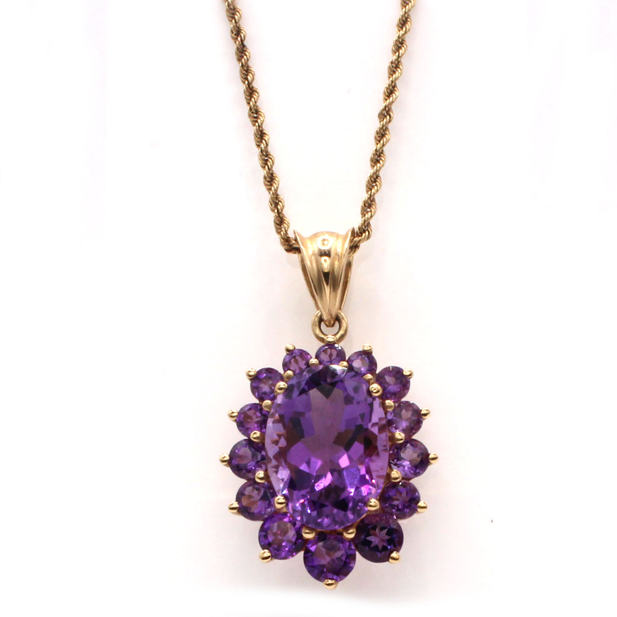 14k Yellow Gold Oval Amethyst Halo Pendant Necklace 18 Inches