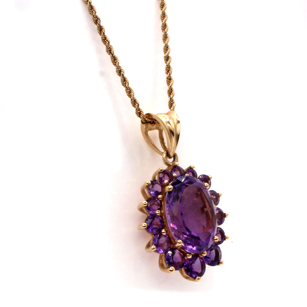 14k Yellow Gold Oval Amethyst Halo Pendant Necklace 18 Inches
