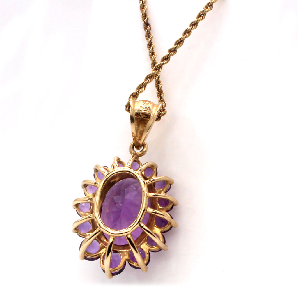 14k Yellow Gold Oval Amethyst Halo Pendant Necklace 18 Inches