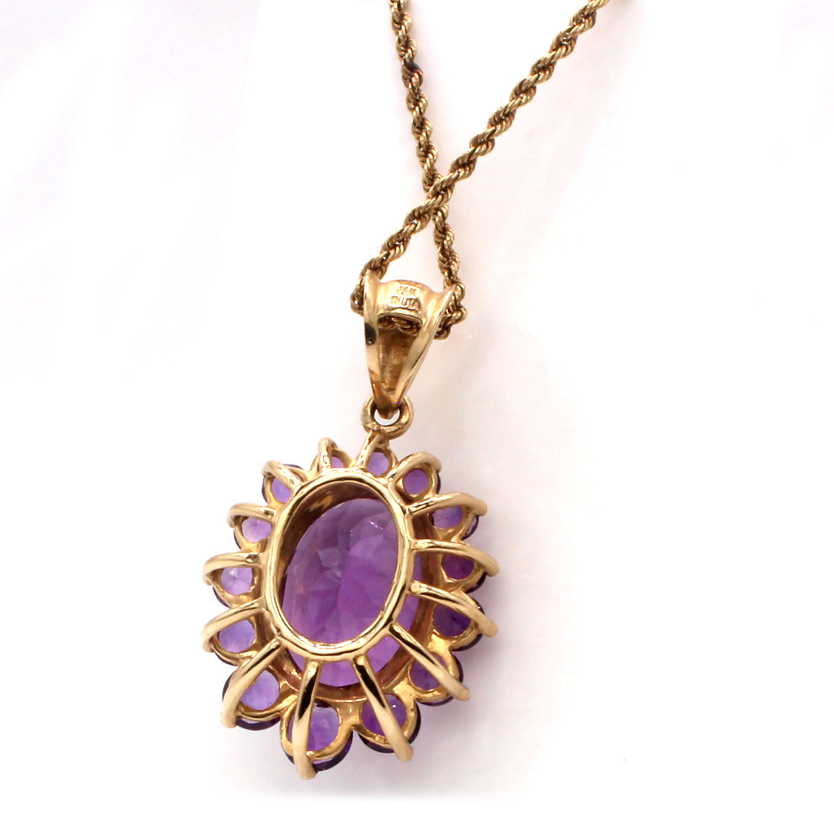 14k Yellow Gold Oval Amethyst Halo Pendant Necklace 18 Inches