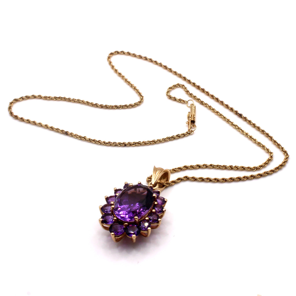14k Yellow Gold Oval Amethyst Halo Pendant Necklace 18 Inches