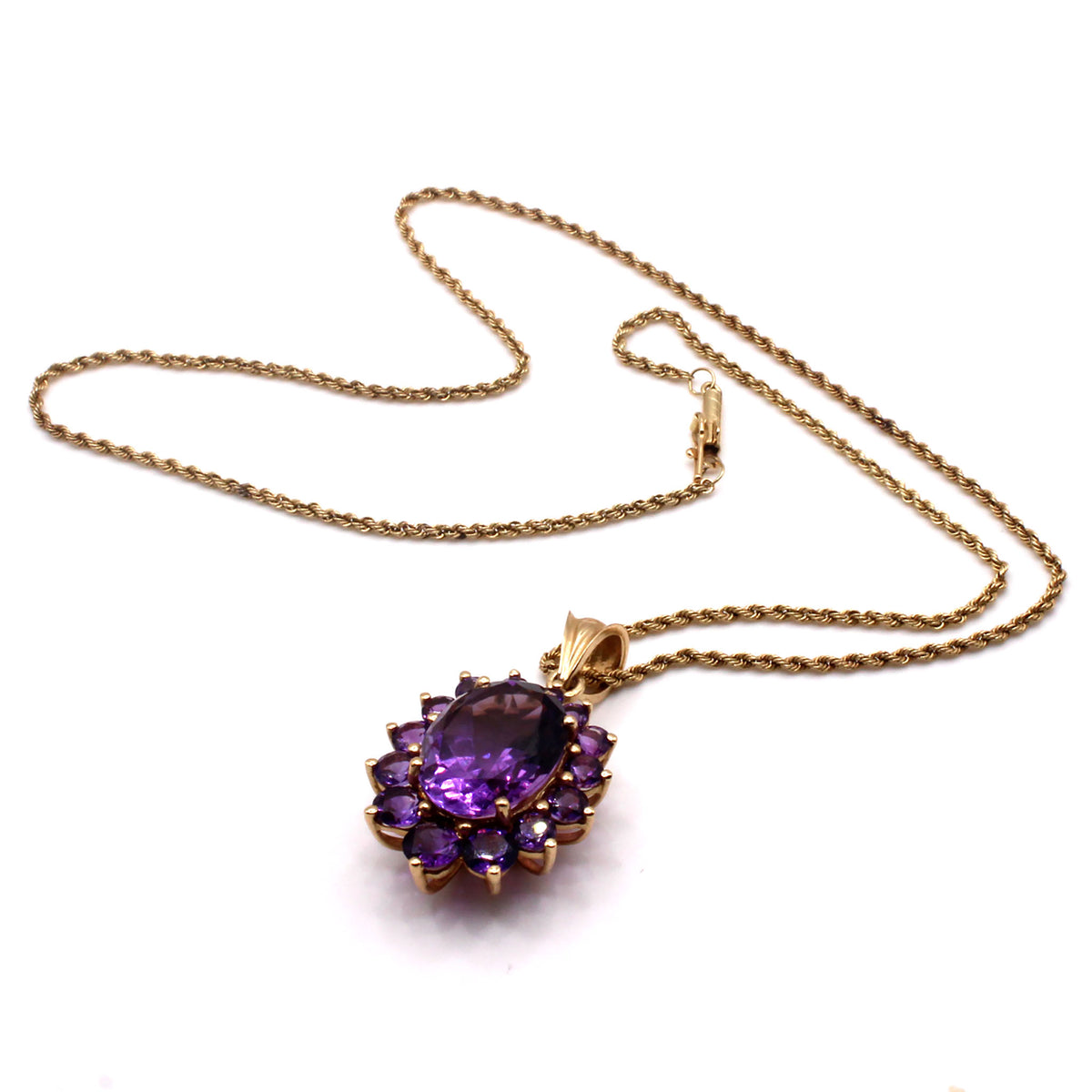 14k Yellow Gold Oval Amethyst Halo Pendant Necklace 18 Inches