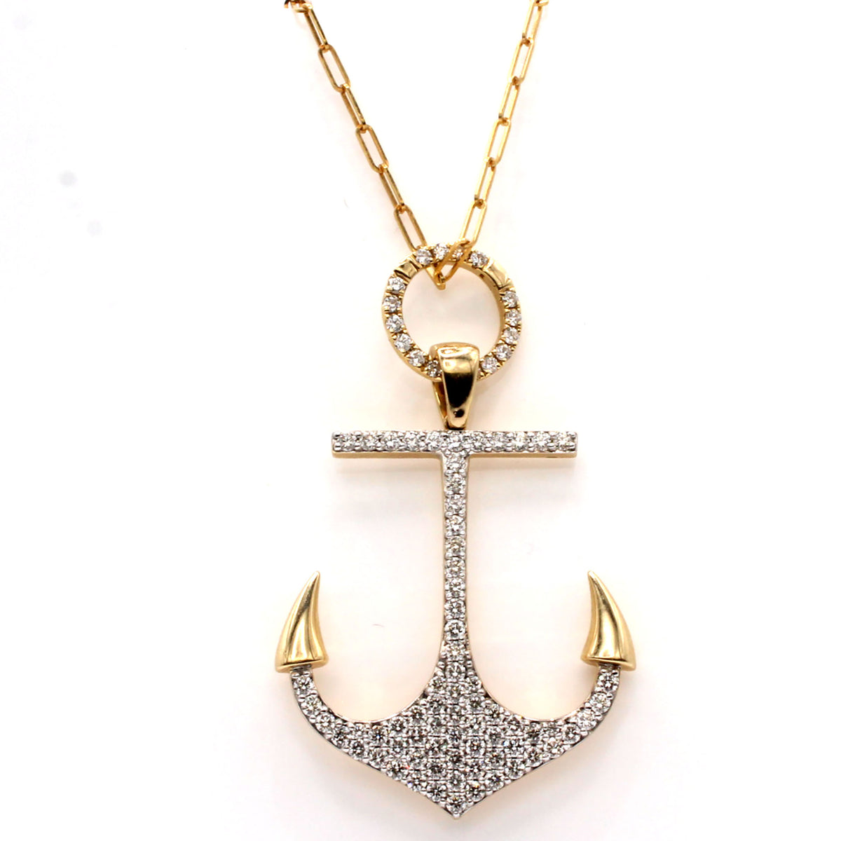 14k Yellow Gold Diamond Anchor Necklace 18 Inches