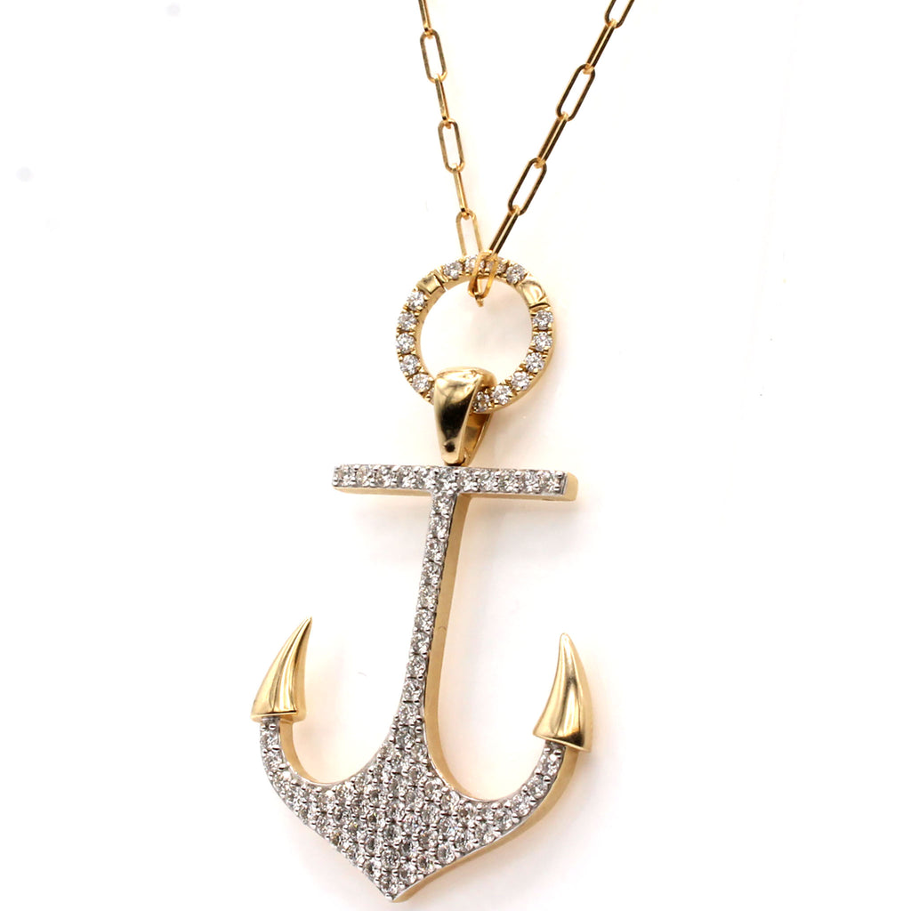 14k Yellow Gold Diamond Anchor Necklace 18 Inches