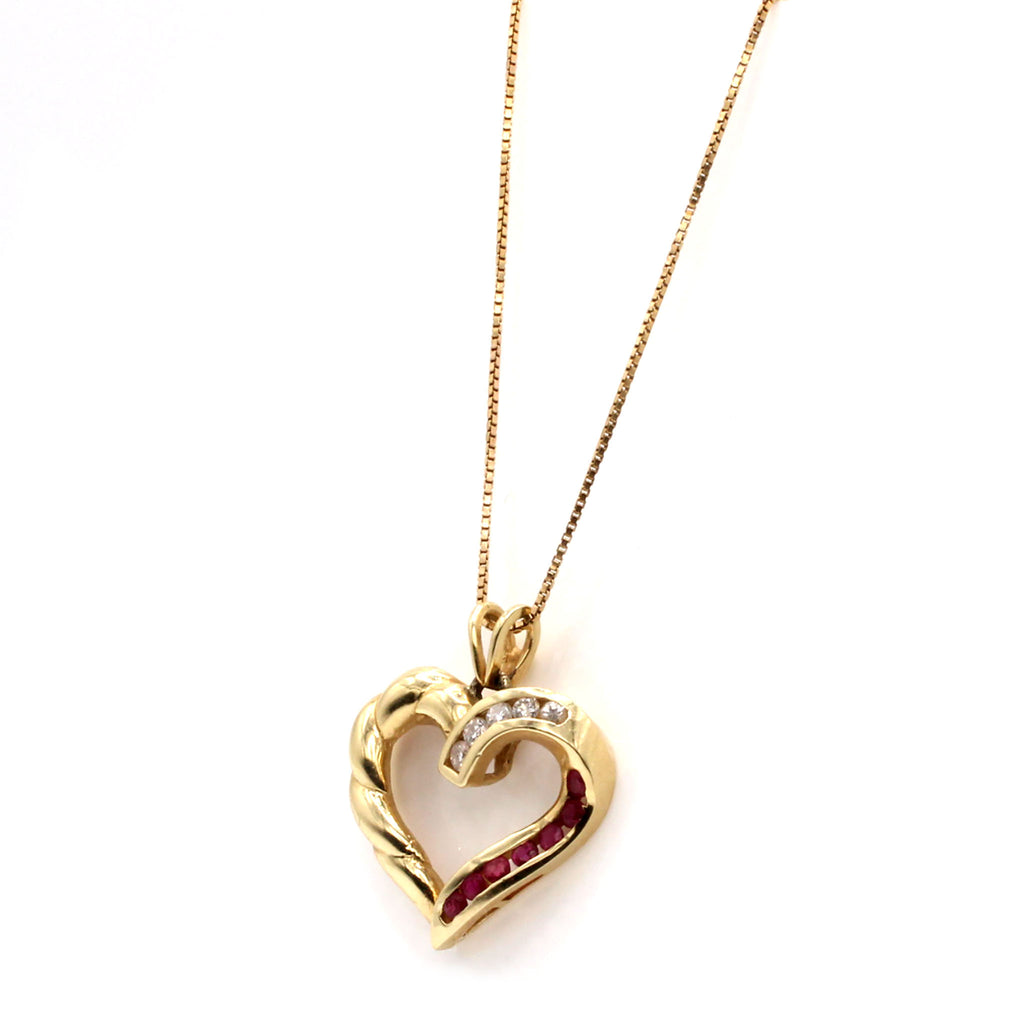 14k Yellow Gold Diamond and Ruby Heart Necklace 19 Inches
