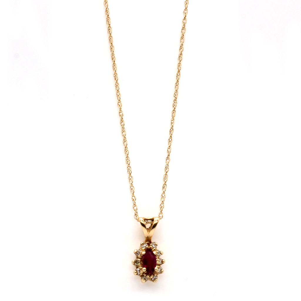 14k Yellow Gold Ruby and Diamond Cluster Pendant Necklace 18 Inches