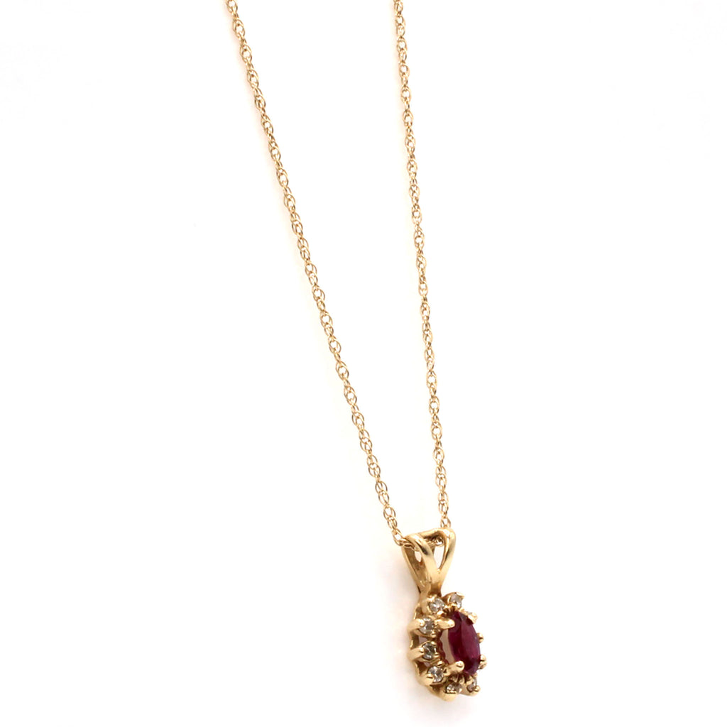 14k Yellow Gold Ruby and Diamond Cluster Pendant Necklace 18 Inches