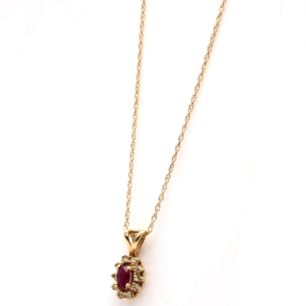 14k Yellow Gold Ruby and Diamond Cluster Pendant Necklace 18 Inches