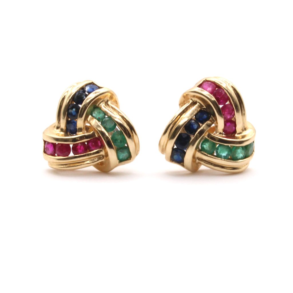 14k Yellow Gold Sapphire, Ruby, and Emerald Disk Style Earrings
