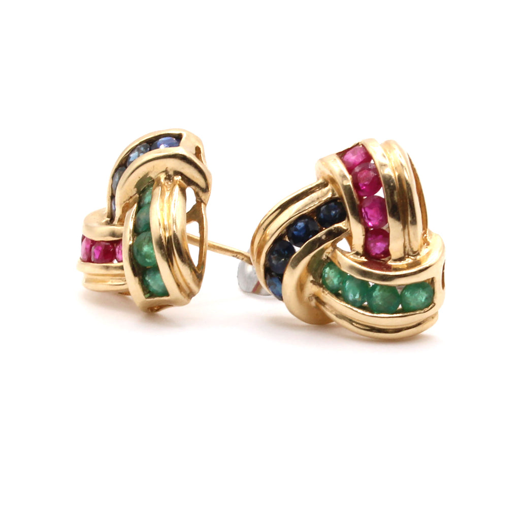 14k Yellow Gold Sapphire, Ruby, and Emerald Disk Style Earrings