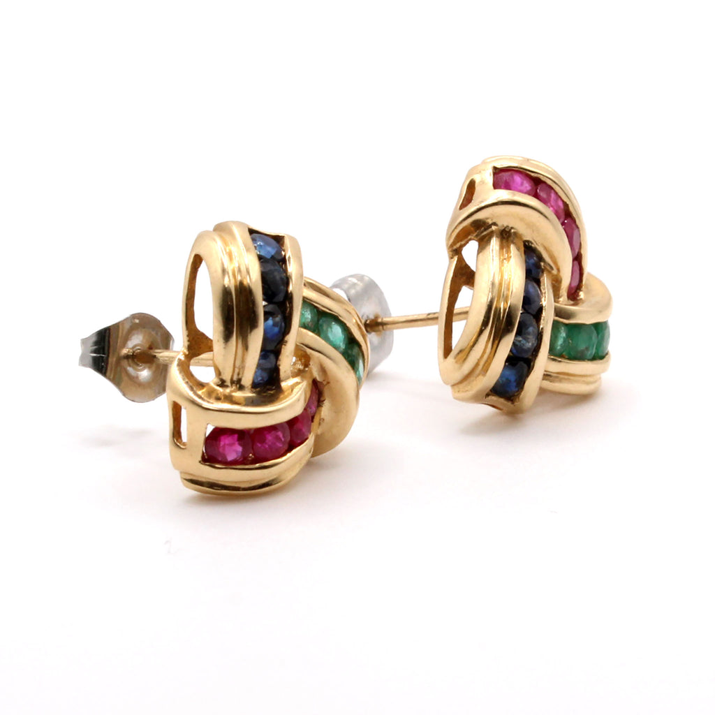 14k Yellow Gold Sapphire, Ruby, and Emerald Disk Style Earrings