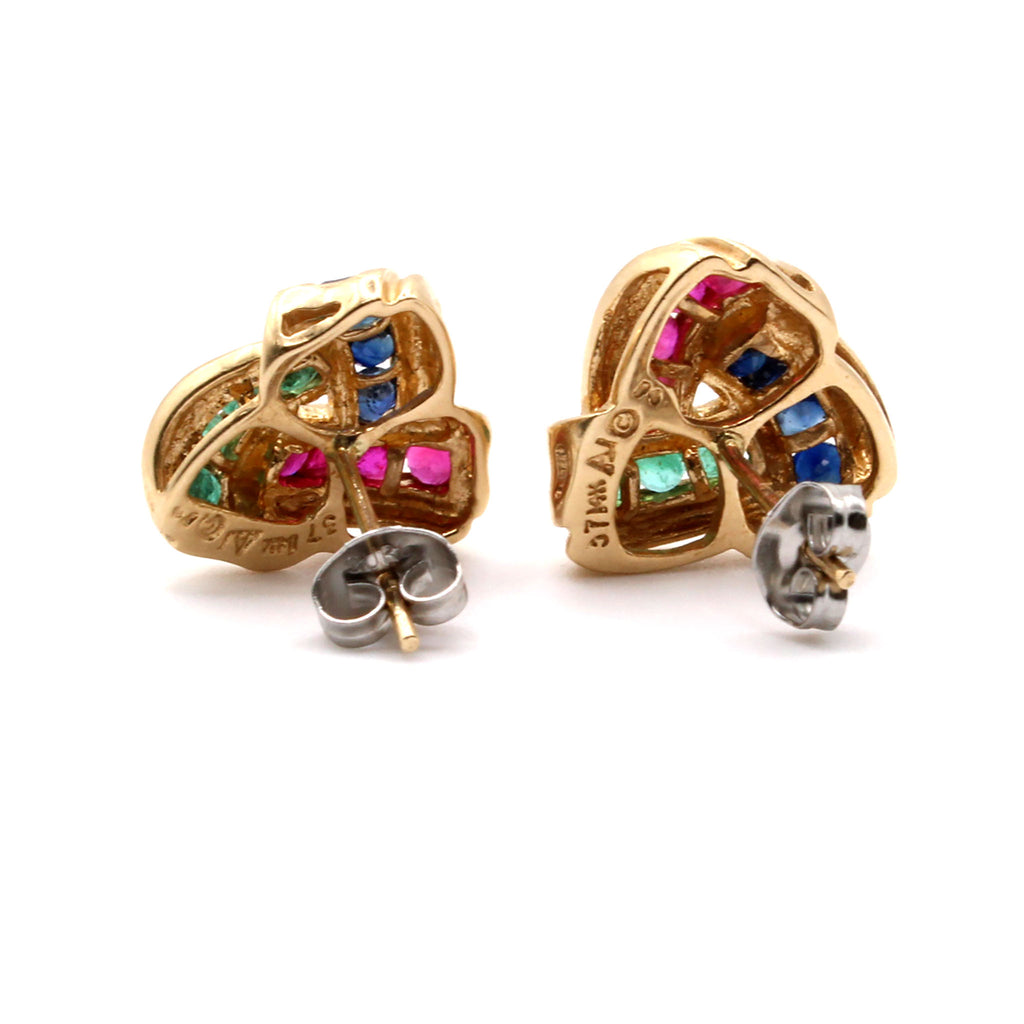 14k Yellow Gold Sapphire, Ruby, and Emerald Disk Style Earrings