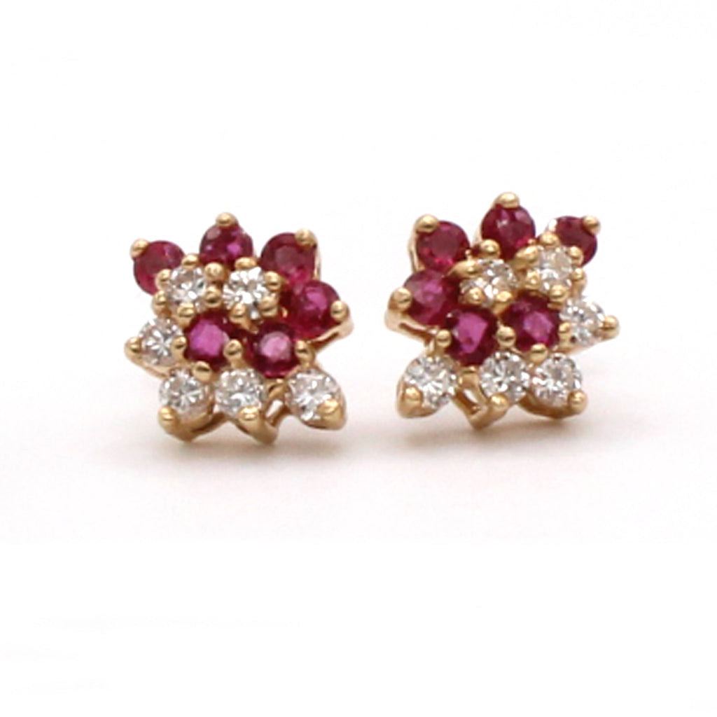 14k Yellow Gold Ruby and Diamond Cluster Earrings