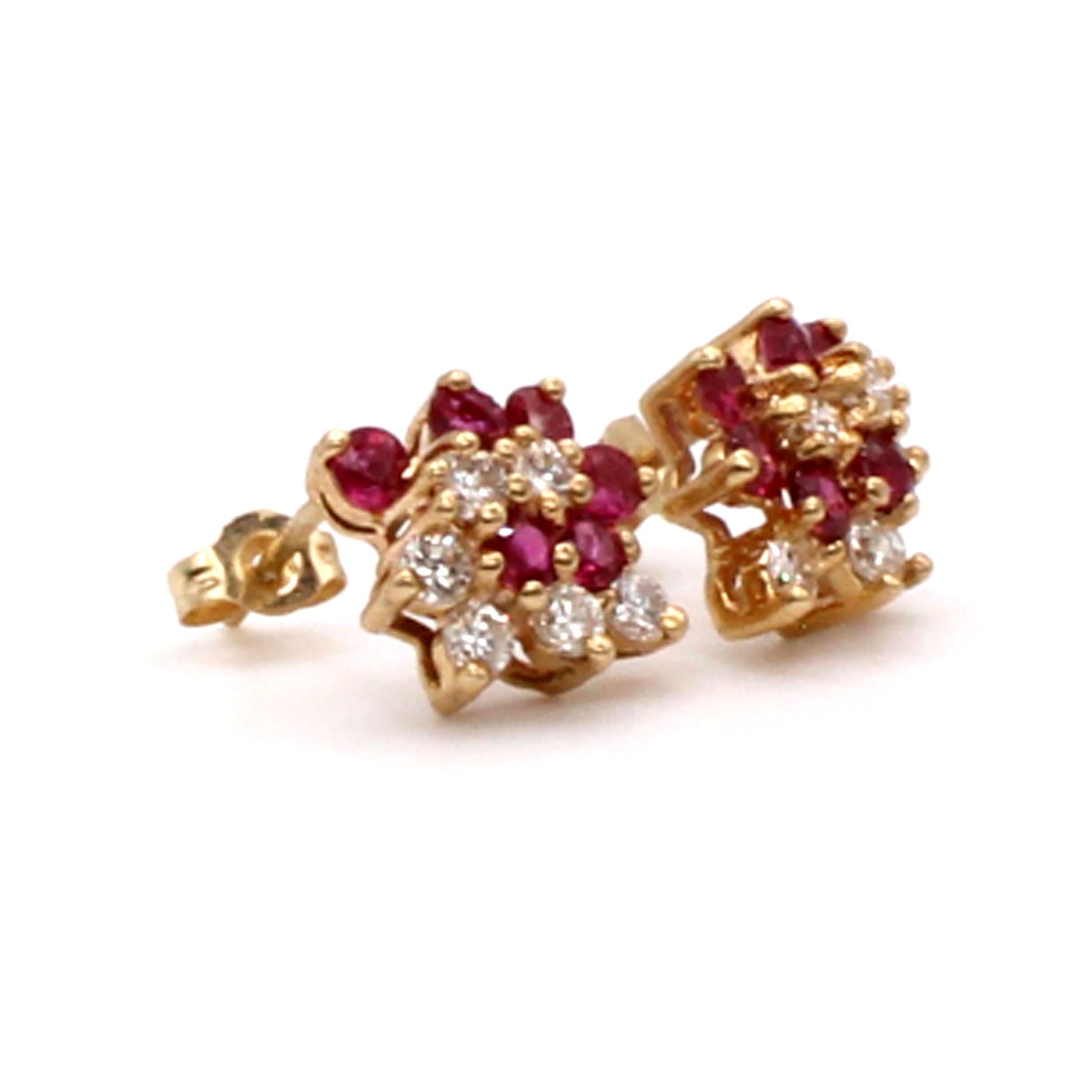 14k Yellow Gold Ruby and Diamond Cluster Earrings