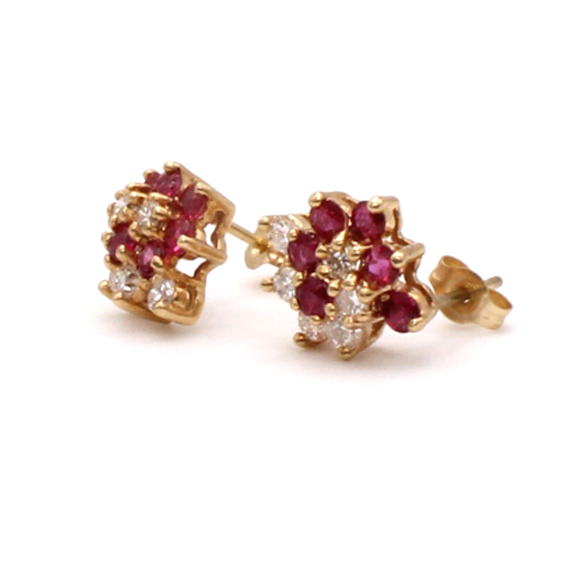14k Yellow Gold Ruby and Diamond Cluster Earrings