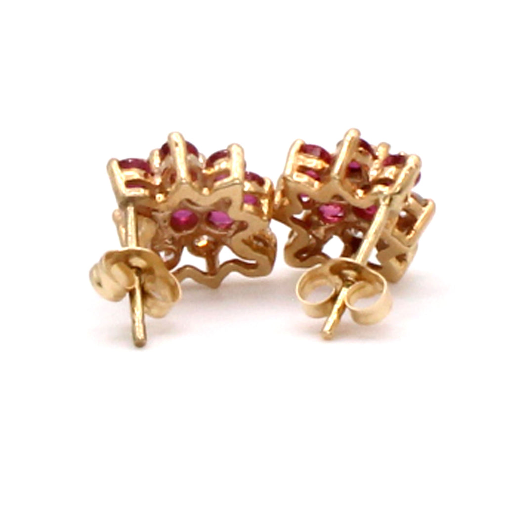14k Yellow Gold Ruby and Diamond Cluster Earrings