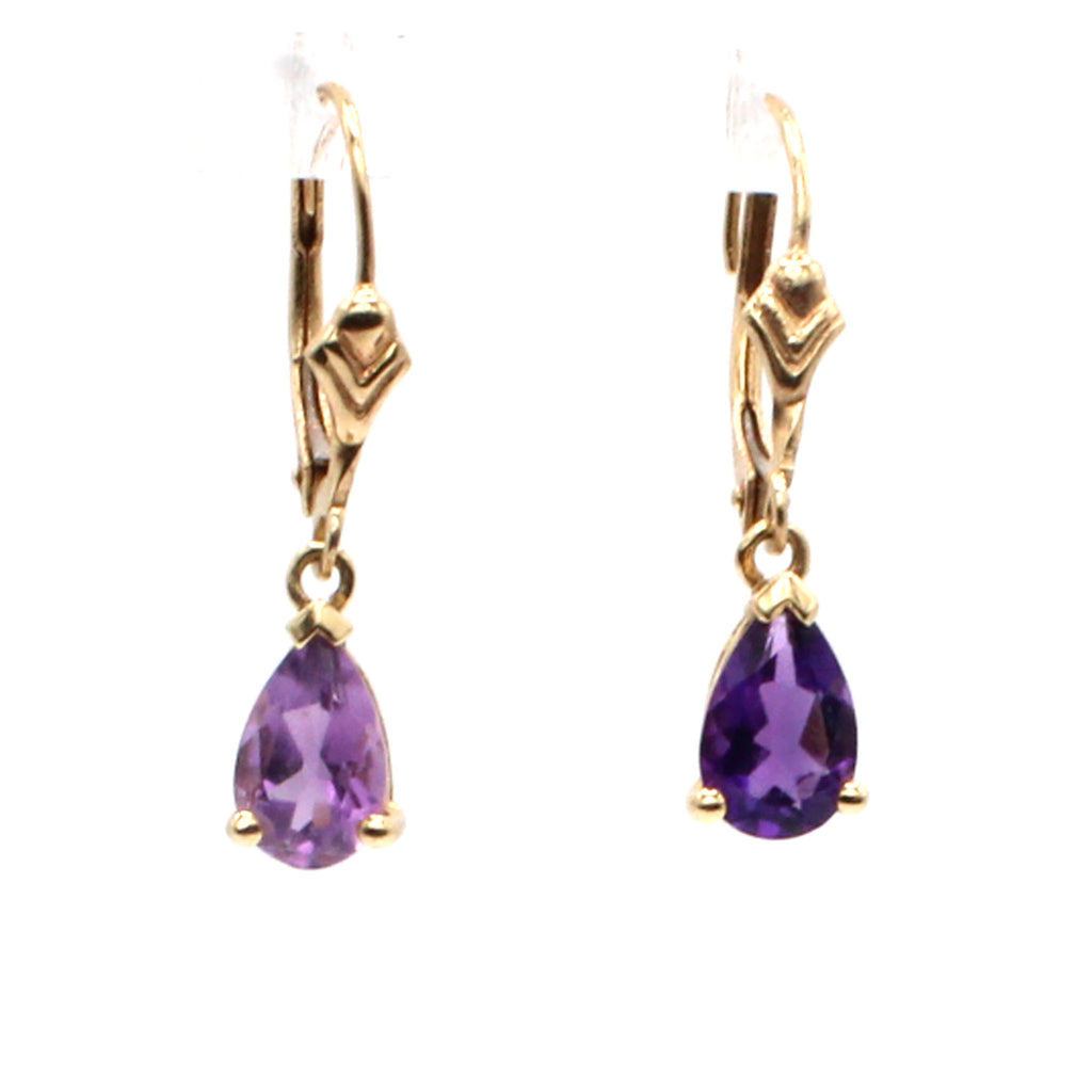 14k Yellow Gold Pear Shaped Amethyst Dangle Earrings