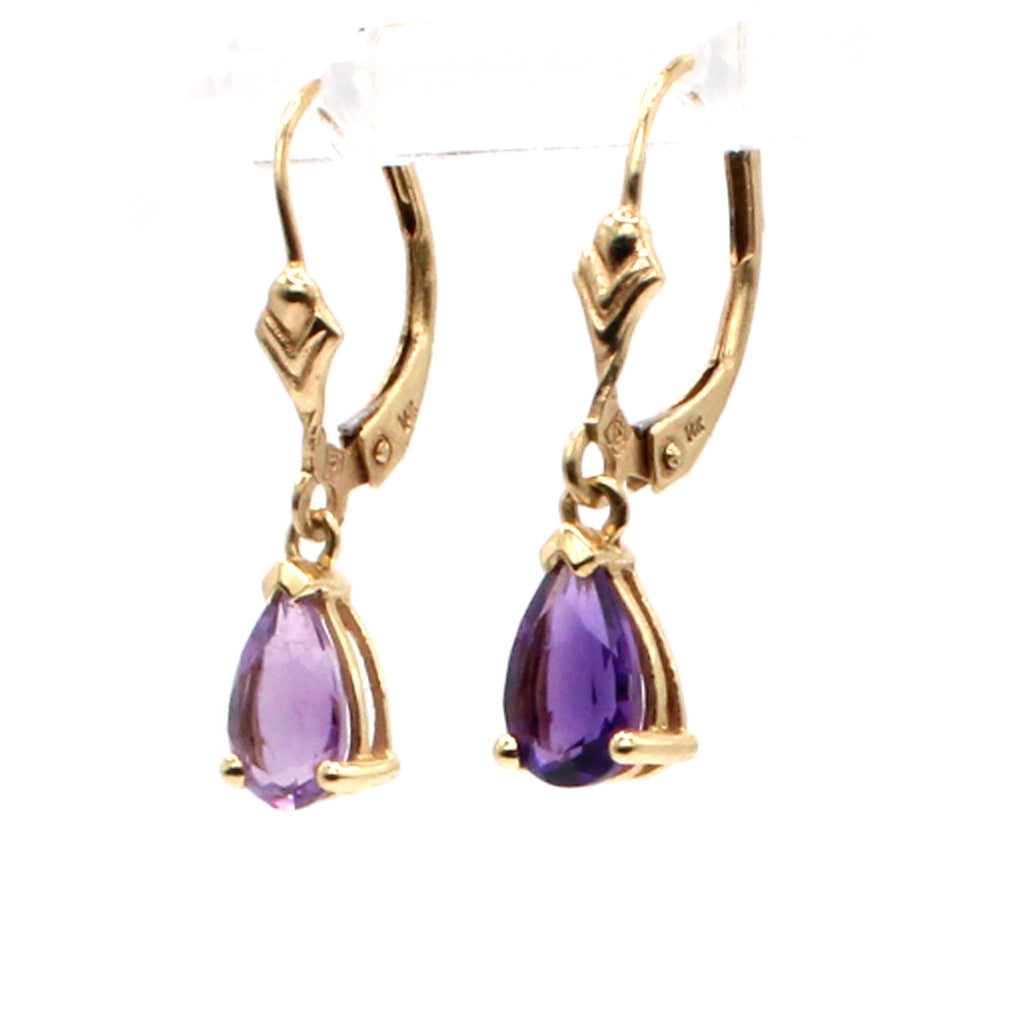14k Yellow Gold Pear Shaped Amethyst Dangle Earrings