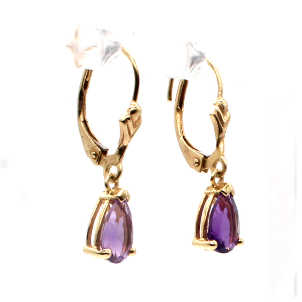 14k Yellow Gold Pear Shaped Amethyst Dangle Earrings