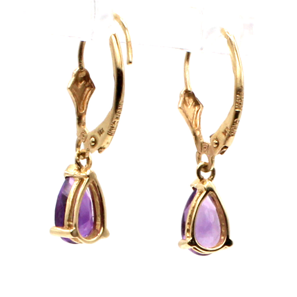 14k Yellow Gold Pear Shaped Amethyst Dangle Earrings