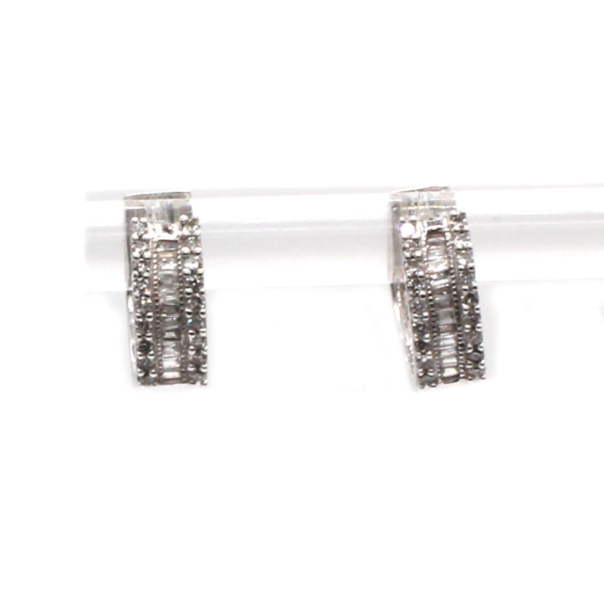 10k White Gold Baguette and Round Diamond Huggie Earrings