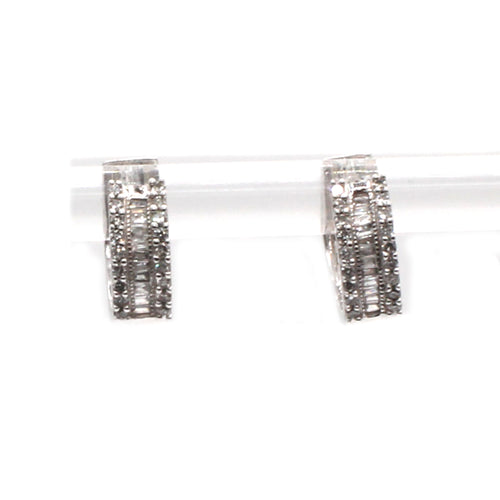 10k White Gold Baguette and Round Diamond Huggie Earrings