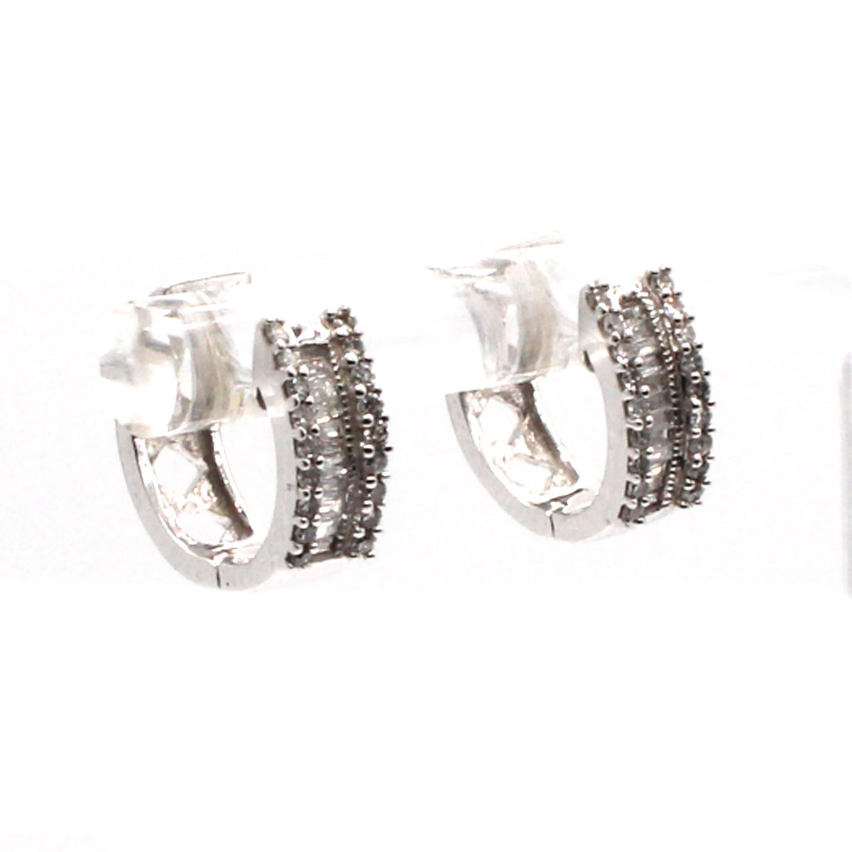 10k White Gold Baguette and Round Diamond Huggie Earrings