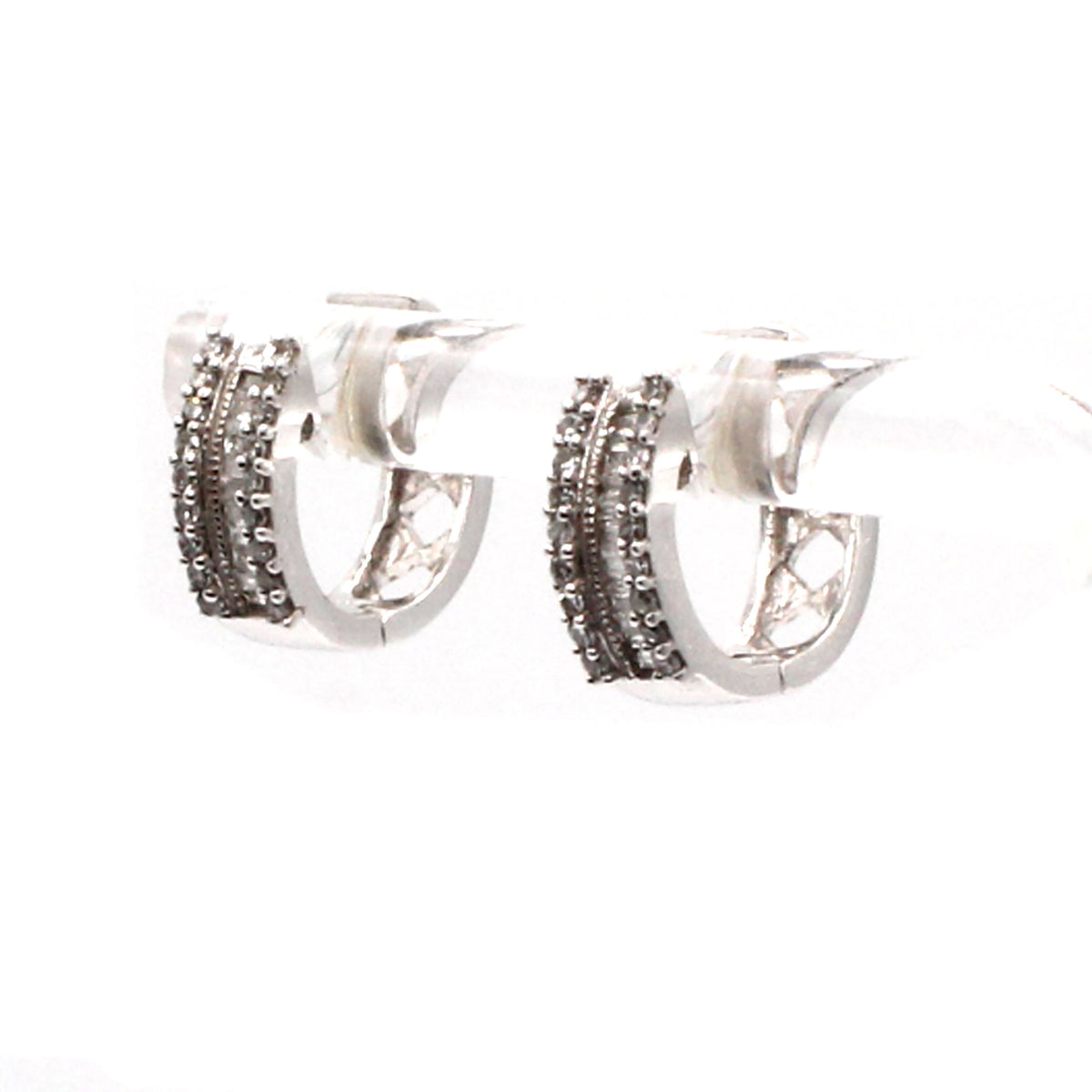 10k White Gold Baguette and Round Diamond Huggie Earrings