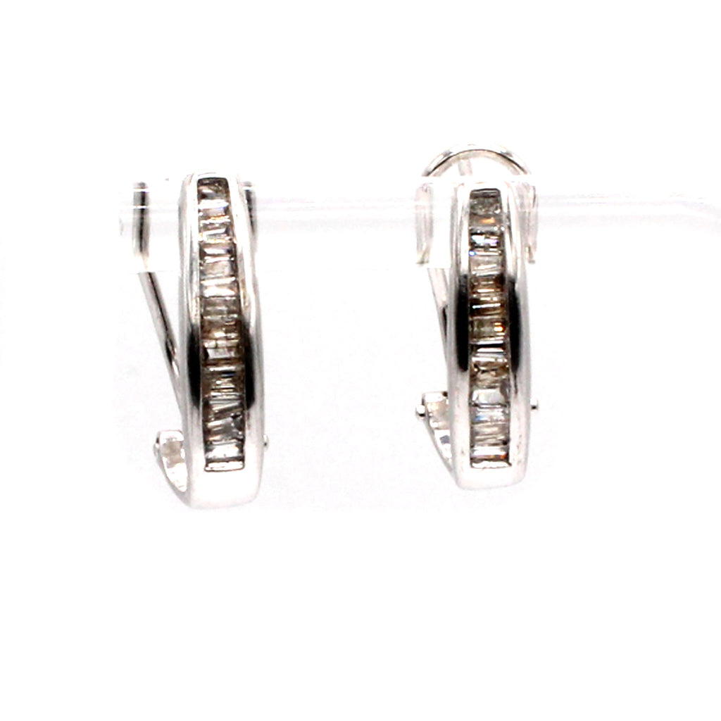 10k White Gold Baguette Channel Set Diamond Huggie Earrings