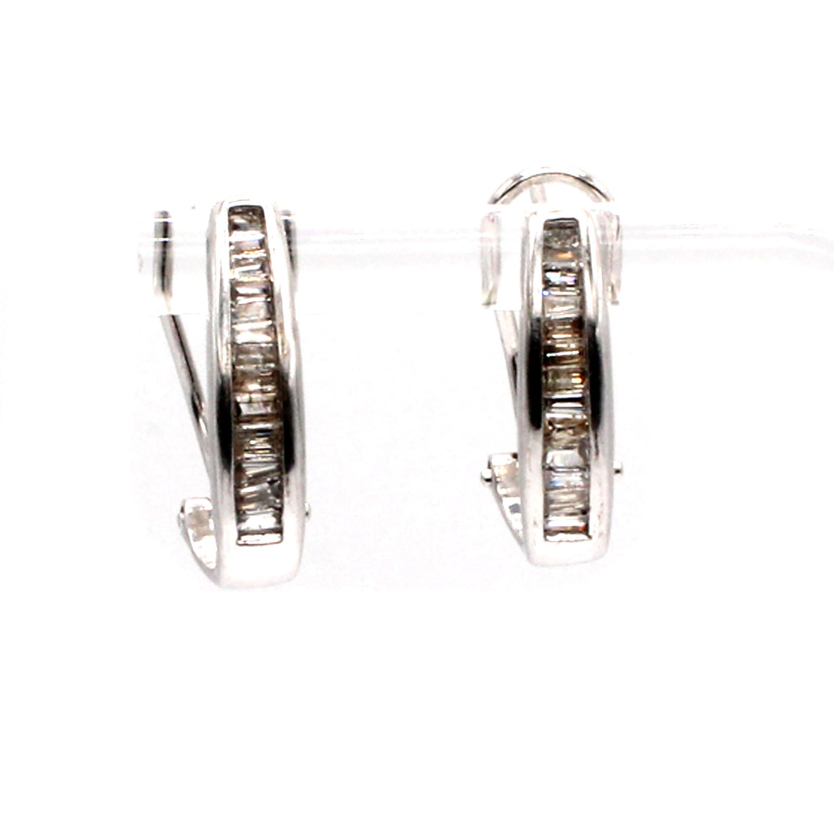 10k White Gold Baguette Channel Set Diamond Huggie Earrings