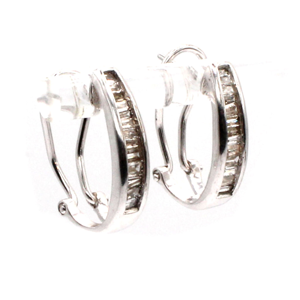 10k White Gold Baguette Channel Set Diamond Huggie Earrings